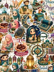 50Pcs Ramadan Fairy Tale Under Moonlight Stickers, Watercolor Fairy‑Tale Style Ramadan Characters And Cultural Ornament Illustrations, Gorgeous Gilded Retro Texture, Decorate For Journal, Water Bottle, Luggage, Phone Case, Storage Box - Multicolor - View 9