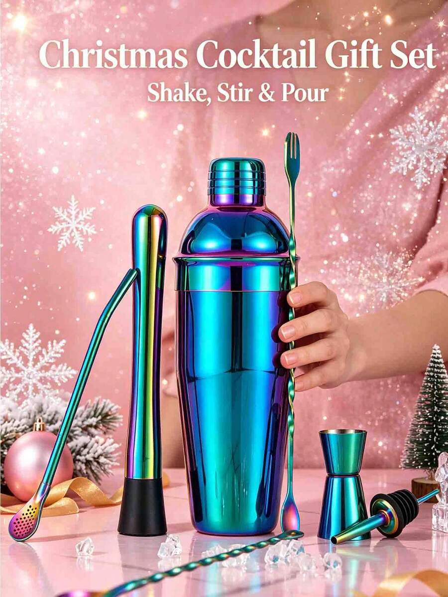 6pcs/750ml Colorful Cocktail Stainless Steel Barware Set, Luxury Gradient Style, Christmas Party Home Bar, High-End Gift, Mug, Cocktail Cup, Ice Breaker - View 1