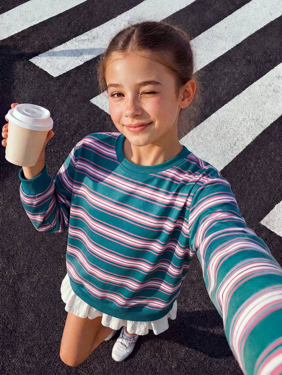 1pc Girl's Dark Green Pink White Thin Striped Round Neck Tween Girl Sweatshirt, Vintage Gentle Color Block Loose Fit Unisex Children's Spring Autumn Basic Casual Long Sleeve Top - Green - View 1