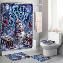 1件/4件組 星星雪人圖案多功能浴室裝飾浴簾套組，附贈12個掛鉤，高級節日氛圍，浴室地墊、U型地墊與圓形馬桶蓋套，適合各種場合裝飾，浴室套裝 - 星空雪人 - 查看 9