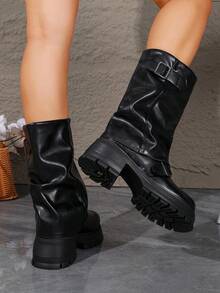 Women's Mid-Calf Solid Color Versatile Buckle Decor Boots, All-Season Comfortable Fashion Versatile Women's Boots - Black - View 5