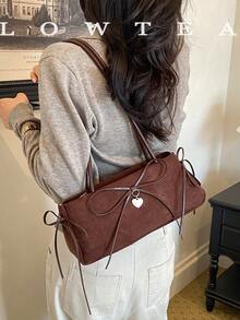 low tea 1pc Fashion Square Baguette Suede Fabric Shoulder Bag, Suitable For Commuting, Shopping And More - Coffee - View 6