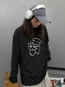女款時尚秋冬寬鬆百搭圓領休閒字母與卡通印花長袖T恤 - 黑色 - 查看 3