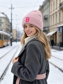 1pc Pink Floral Letter Print Beanie, Ribbed Knit Winter Hat,Cold Weather Headwear, Y2K Cute Warm Skull Cap For Women - Pink - View 4