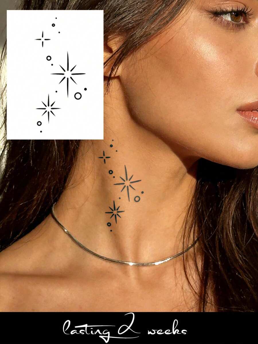 Herbal Juice Semi-Permanent Tattoo Sticker, Minimalist Starburst Pattern, 14-Day Fade-Resistant, Music Festival Party Gift, Arm Shoulder Neck Collarbone Body Temporary Tattoo Sticker, 1pc/Pack - Blue - View 1