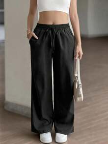 Women's Summer/Autumn Basic Solid Color Drawstring Linen-Style Wide Leg Pants, Loose Casual Long Pants, Suitable For Back To School, Beach Vacation And Daily Wear - Black - View 9