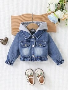 Detachable Hooded Patchwork Denim Jacket, Kids Washed Elastic Hem Cuffed Sleeve Casual Short Denim Coat For Boys And Girls - Royal Blue - View 1