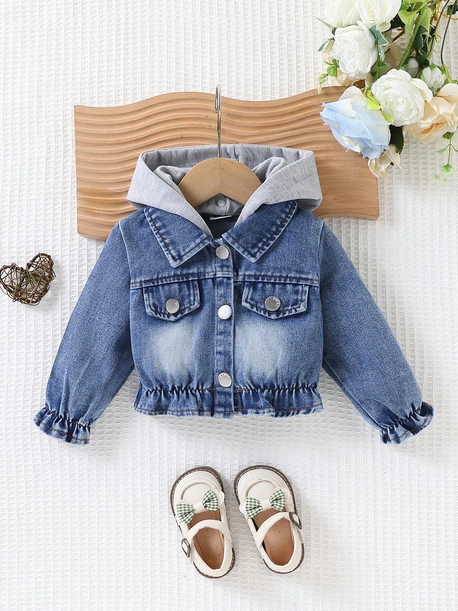 Detachable Hooded Patchwork Denim Jacket, Kids Washed Elastic Hem Cuffed Sleeve Casual Short Denim Coat For Boys And Girls - Royal Blue - View 1