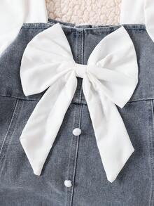 1pc Baby Girl Elegant Bow Decor Sleeve Patchwork Dress Autumn - Medium Wash - View 4