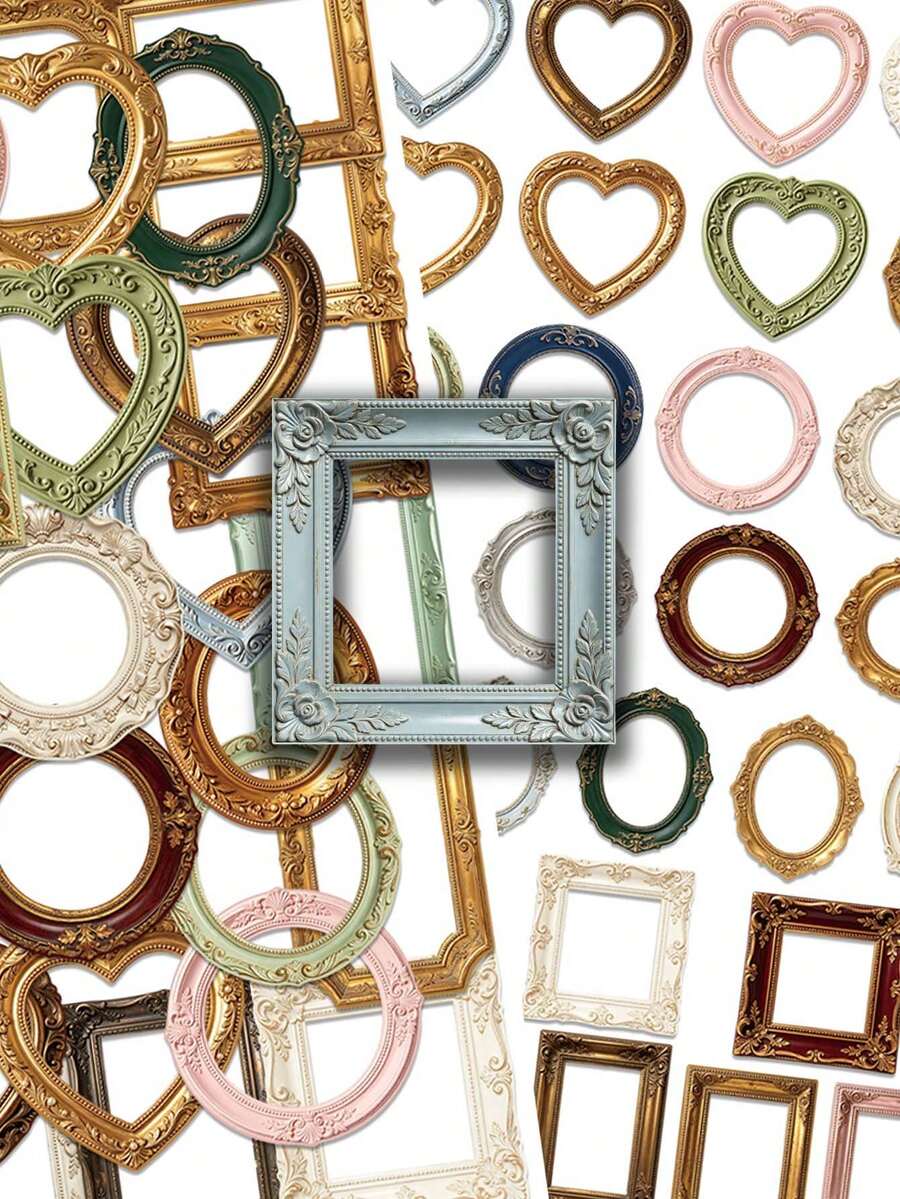 50pcs Vintage Hollow Frame Stickers – Baroque Ornate Gold Picture Border Decals – Aesthetic Antique Photo Frame Stickers For Scrapbook Journal Planner Collage & DIY - Mocha Brown - View 1