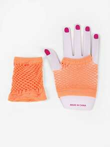 1 Pair Short Black Fishnet Gloves - Short Orange - View 3