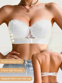Lace Bandeau Non-Slip Underwire Push-Up Bra, Front Closure Design, Suitable For Small Bust, Comes With Invisible Straps, Multi-Wear - White - View 7