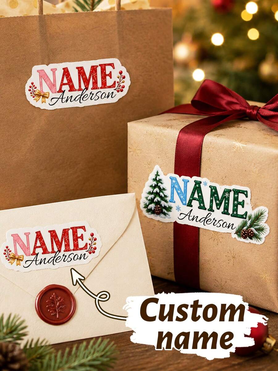 LICVIC Custom Christmas Name Sticker, Festive Holly & Pine Letter Decal, Personalized First And Last Name Label For Gift Wrap, Envelopes And Gift Bags, Customized Holiday Party Decor, Customizable Christmas Gift Tag For Seasonal Presents, Family & Friends - Style E - View 1