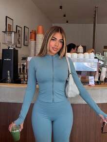 Women's Solid Color Zipper Fitted Long Sleeve Top And Flared Pants Set, Suitable For Yoga, Daily Wear, Commuting And More - Green - View 2