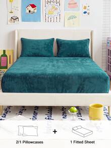 HONEYMOON 2/3pcs Flannel Fitted Sheet Set, Warm & Breathable Mattress Protector, Elastic Mattress Cover, 9-12 Inch/25cm Deep Pocket, Wrinkle-Resistant, Fits T F Q K All Sizes, Machine Washable, Suitable For Home And School Dorm - Dark Green - View 2