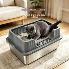 1pc Extra Large Stainless Steel Cat Litter Box, High Edge Splash Guard, Detachable And Easy To Clean, Suitable For Indoor Cats - one-size - View 6