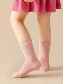 5 Pairs Girls Random Terry Socks, Children & Toddler Mid-Calf Socks, Pink, Purple, White, Solid Color, Autumn & Winter, Soft & Warm, Thick, Simple, Cute, Fashionable, Versatile, Suitable For Daily Wear - Multicolor - View 7