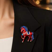 Luxury Crystal Rhinestone Horse Brooch Pin, Retro Gold‑Tone Enamel Animal Statement Brooch, Ornament Accessory For Party Daily Clothing Decoration - Red - View 2