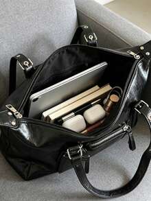 Distressed Glossy Black Oil Wax Leather Boston Large Capacity Bag, Vintage Cracked Texture With Adjustable Silver Buckle Shoulder Strap, Built-In Transparent Card Slot And Multiple Compartments, Suitable For Commuting, Laptop, Street Wear And Miscellaneous Items, Cool Practical And Versatile - Black - View 3