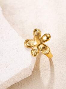 1pc Vintage Artistic Style Stainless Steel Gold Ring, 3D Flower Open Design, Suitable For Women's Daily, Holiday, Date, Engagement, Wedding, Saudi National Day, Halloween - Gold - View 2