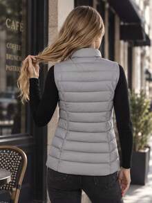 Women's Lightweight Puffer Vest, Sleeveless Zip-Up Stand Collar Quilted Gilet With Pockets, Casual Everyday Layering Jacket For Spring & Fall - Grey - View 4