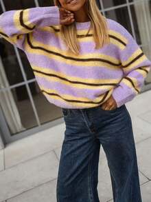 Women's Plus Size Lavender Yellow Striped Pullover Sweater, Long Sleeve, Regular Fit, Medium Stretch Fabric, Suitable For Spring Wear, Casual Preppy Style - Multicolor - View 3