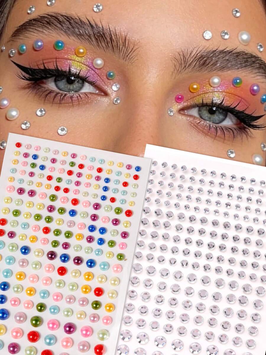 2PCS Multi-Grain Silver White 3D Faux Rhinestone & Colorful Faux Pearl Face Decor Stickers, Y2K Festival Party Daily Makeup DIY Music Festival Ball, Suitable For Hair, Eyes, Face And Body Decoration - Multicolor - View 1