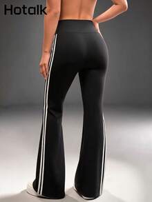 Hotalk Retro 2 White Side Stripes High Waisted Flare Leggings, Tummy Control Sport Bootcut Yoga Pants - Black - View 5