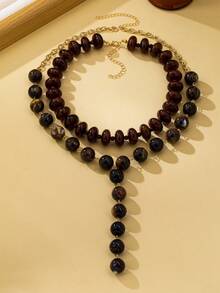 OABE 2pcs/Set Bohemian Style Brown Beaded Layered Necklaces Including 1pc Y-Shaped Necklace And 1pc Choker Necklace Suitable For Women's Daily Wear - Coffee Brown - View 5