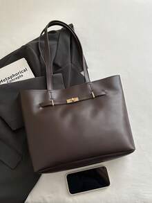 Casual Handheld Underarm Tote Bag, Solid Color, Cross-Border 2026, Large Capacity PU, Women's Fashion Minimalist Shoulder Bag - Coffee - View 9