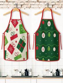 2Pcs Christmas Couple Apron Set, Xmas Gift Box Bauble Snowflake Printed Adjustable Bib Apron, Holiday Kitchen Cooking Baking Apron For Family Party Christmas Gift - Multicolor - View 1