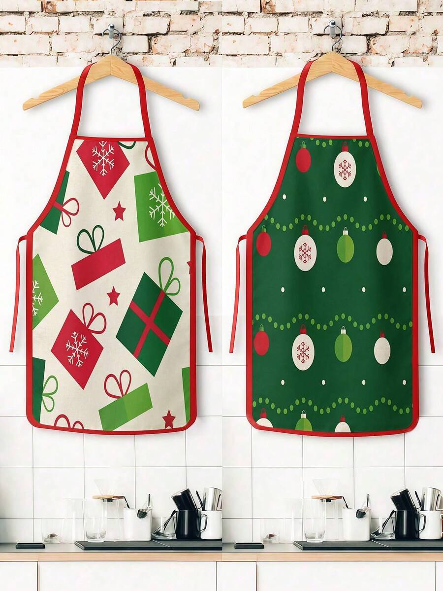 2Pcs Christmas Couple Apron Set, Xmas Gift Box Bauble Snowflake Printed Adjustable Bib Apron, Holiday Kitchen Cooking Baking Apron For Family Party Christmas Gift - Multicolor - View 1