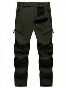 男士冬季抓絨內裡軟殼登山長褲，戶外多拉鍊口袋長褲，適合露營、攀岩與滑雪 - 軍綠色 - 查看 6