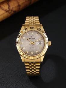 RICECGO 1pc Business Gold Men's Quartz Watch - Gold - View 15