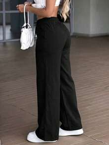 Women's Summer/Autumn Basic Solid Color Drawstring Linen-Style Wide Leg Pants, Loose Casual Long Pants, Suitable For Back To School, Beach Vacation And Daily Wear - Black - View 2
