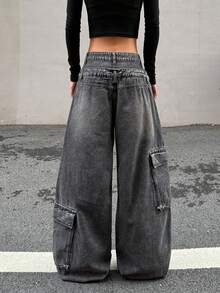 1pc American Street Retro Women's Patchwork Multi-Pocket Double-Waist Cargo Loose Jeans Fashion Wide-Leg Denim Pants All-Season Versatile Long Pants (Belt/Accessories Not Included) - Black - View 5