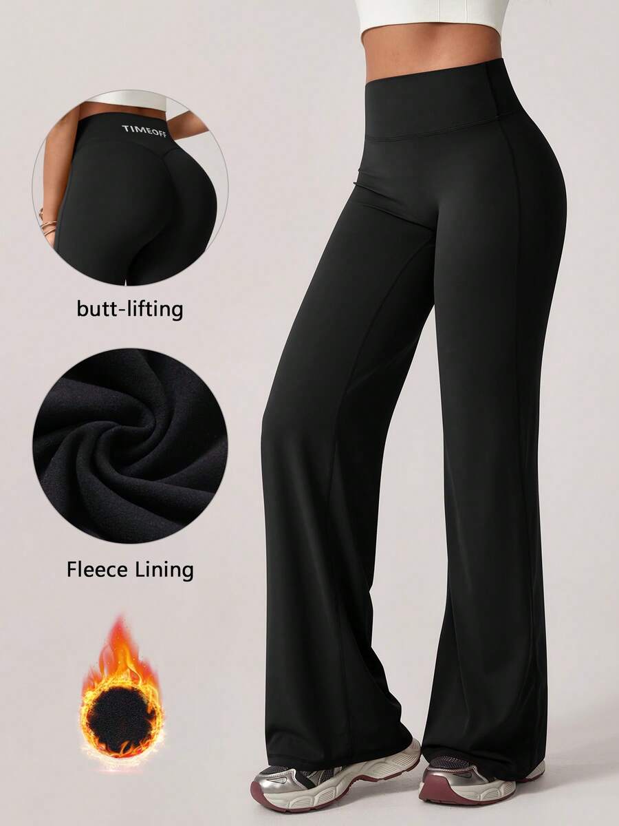 TimeOff Women's 1pc Solid Color Thermal Lined Straight Leg Wide Leg Pants For Running, Workout, Yoga, Fitness, Autumn/Winter - Black - View 1