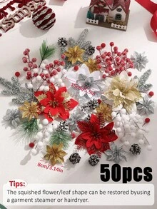 100入/50入聖誕混色人造花頭套組，秋冬人造花頭牆面裝飾，適用於聖誕居家裝飾、房間佈置、婚禮裝飾、聖誕樹裝飾、桌面/牆面裝飾、花園裝飾、花藝手工，理想的節日禮物 - 紅色 - 查看 11