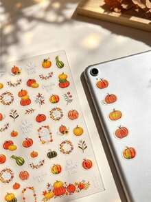 1pc Autumn Pumpkin Floral Leaf Pattern Decorative Sticker, Wreath & Text Element Combination, Comes With Tweezers, Vintage Autumn Vibe Decorative Patch, Suitable For IPad, Phone, Laptop, Earphones And More - Pumpkin Style - View 5