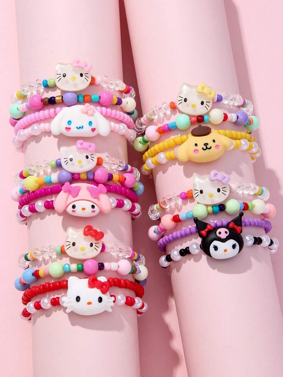 4pcs/Set Sanrio Kids Jewelry Cute Kitty Pendant Beaded Bracelet Bangle Bracelet Hand Accessory, Suitable For Holiday Party School Birthday Gift Girls Accessory Colorful Beads Random - Multicolor - View 1