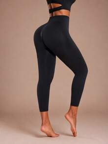 Women's Solid Color Seamless High Waist Compression Leggings, Halloween Tummy Control Butt Lifting Base Layer - Black - View 4