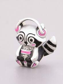 RADIVIDE 1pc 925 Sterling Silver Music Raccoon Bead, Pink & Black Resin Earphone Microphone Cartoon Animal DIY Bracelet Large Hole Accessory - Silver - View 3