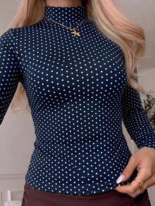 SCARLUX 女款 Y2K 波點上衣，小立領長袖修身 T-shirt，適合返校季、街頭穿搭、通勤與舒適居家穿著 - 藏蓝色 - 查看 4