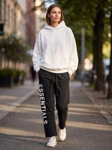 Fear Of God Essentials FW24 Black Straight‑Leg Fleece Sweatpants, Oversized Relaxed Fit Drawstring Trousers For Daily Street Outfit, Casual Hangout - Black - View 10