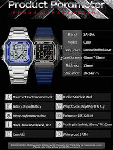 SANDA 6380 Men's Digital Sports Watch, Rubber & Steel Strap, Multifunction Outdoor Alarm Chrono Waterproof LED Dual Time Wristwatch - One Size Fits All - View 12