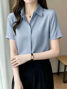Silk Short Sleeve Shirt With Design, Chic & Mature Hong Kong Style, Satin Summer Spring - Medium Wash - View 4