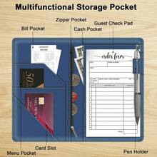 Server Book With Zipper Pocket For Waitress, Cute Waiter Server Wallet, Booklet Restaurant Waitstaff Organizer, Serving Guest Check Book Holder Money Pocket Fits Server Apron, Dark Blue - Pink - View 10