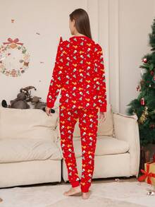 Women's 2 Pieces Christmas Pajama Set, Round Neck Snowman Christmas Tree & Deer All-Over Print Top With Matching All-Over Print Pants, Holiday Loungewear Set - Multicolor - View 4