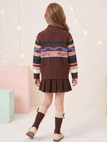 Tween Girls Striped Colorblock Knit Sweater, Cable Knit Zip Up Mock Neck, Long Sleeve Preppy School Top, Cozy Fall Winter - Multicolor - View 3