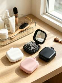 1pc New Colorful Square Folding Hair Brush With Mirror, Air Cushion Hair Comb In Pink/Blue/White/Black, Portable Travel Size, Easy To Comb Scalp, Solid Color Compact Square Styling Tool, Fits In Wallet/Pocket, Daily Use, Mini Hair Brush For Women And Girls - One Size - View 3